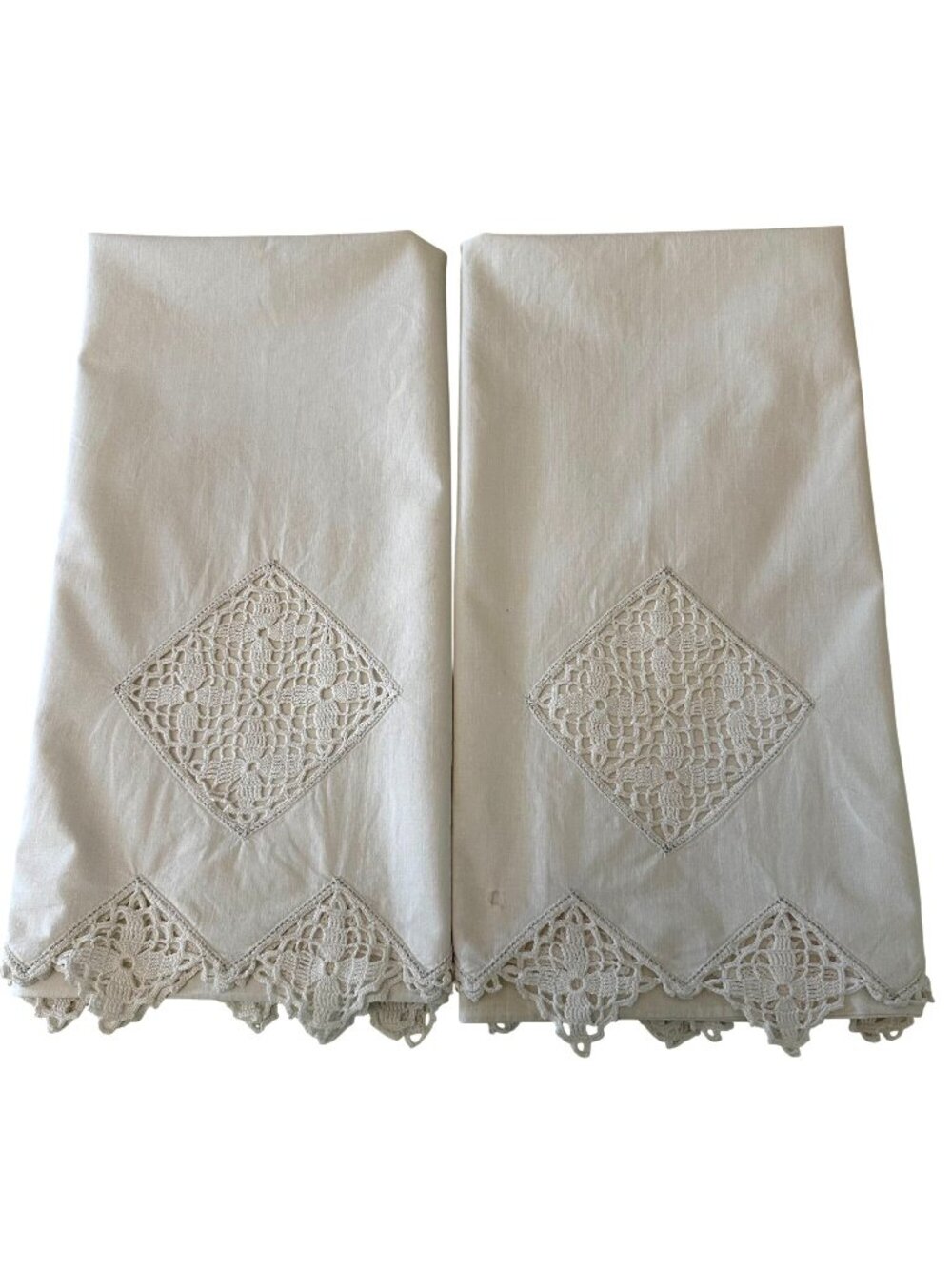 Vintage Crochet Lace Pillowcases Pair Beige Cutwork Cottagecore Farmhouse 32x22